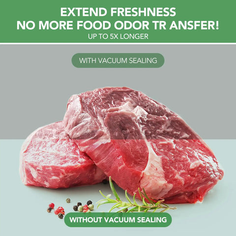 Raw meat with and without vacuum sealing, illustrating freshness maintenance by 3 In 1 Mason Jar Vacuum Sealer Kit With One Touch Auto Pump Seals Wide And Regular Mouth Jars For Coffee Beans And Fresh Food Storage For Meal Prep Portable Seal System Includes 30 Lids.