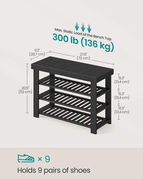 4 Tier Bamboo Shoe Rack Bench Organizer For Entryway And Living Room, Spacious Space-Saving No-Fuss Shoe Storage, Black Finish