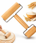 Mini Wooden Rolling Pin For Dough With Double Handles Nonstick Pizza Roller demonstrating use on dough surface.