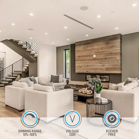 Living room with Ultra Thin 6 Inch LED Recessed Light Kit With Junction Box Pack Of 6 13.5W Dimmable Canless Ceiling Lights