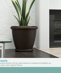 18 Inch Resin Wicker Planter For Indoor And Outdoor Use All American Style Durable Plastic Construction With Moisture Retention Brown Finish Weather Resistant Made In USA displayed indoors with plant.