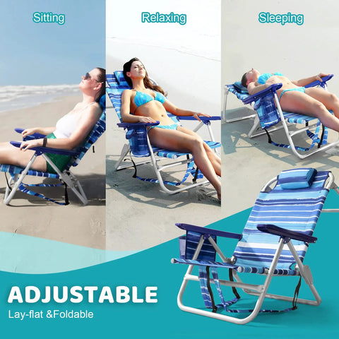 Blue Backpack Beach Chairs For Adults Half Pack Foldable Heavy Duty Camping Chair in sitting, relaxing, and sleeping positions.