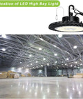 Led High Bay Light 150W 19,500 Lumen 5000K Dimmable 0 to 10V illuminating a warehouse space.