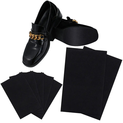 7 Sheets Shoe Sole Repair Patch Kit Non Slip Protector Pads For Worn Bottoms with black patches and a black shoe showing sole repair.