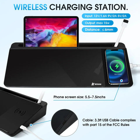 Glass Desk Whiteboard With Wireless Charger Stand featuring tablet and phone charging capabilities