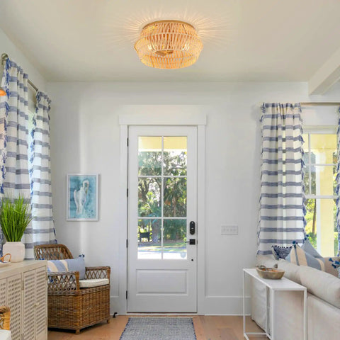 Interior view showing Natural Rattan Flush Mount Ceiling Light Fixture In Antique Brass Brush Finish in a living room.