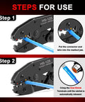 Steps for using Go To Ratcheting Crimping Tool For Heat Shrink Connectors And Insulated Terminals AWG 20 to 10 showing wire placement and crimping process.
