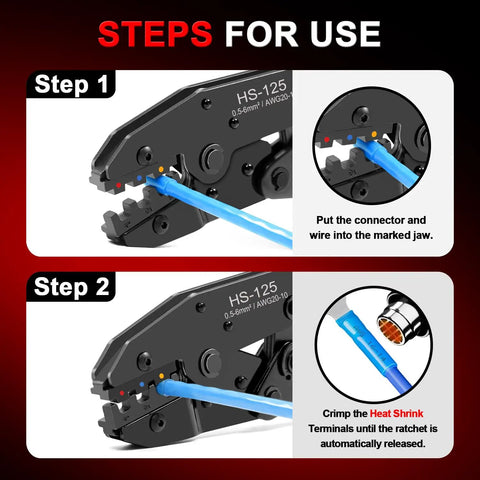 Steps for using Go To Ratcheting Crimping Tool For Heat Shrink Connectors And Insulated Terminals AWG 20 to 10 showing wire placement and crimping process.