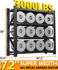 Rock Solid Heavy Duty Garage Shelving Adjustable Four Tier Steel Utility Rack With 3000 LB Load Capacity displaying rolls on a tall black metal frame.