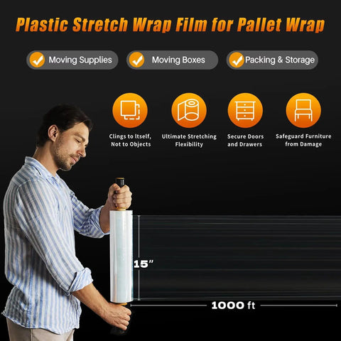 Person using Beefy Heavy Duty Stretch Wrap 15 Inch By 1000 Feet 2 Pack Pallet Wrap with handles for moving and storage