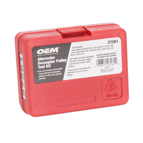Red case of Five Piece Alternator Decoupler Pulley Tool Kit With Pulley Sockets And Shaft Bits For Removing And Installing Decoupler Pulleys