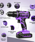 20V Cordless Drill With Fast Charging Battery And Keyless Chuck Purple showing keyless chuck and variable speed trigger features.