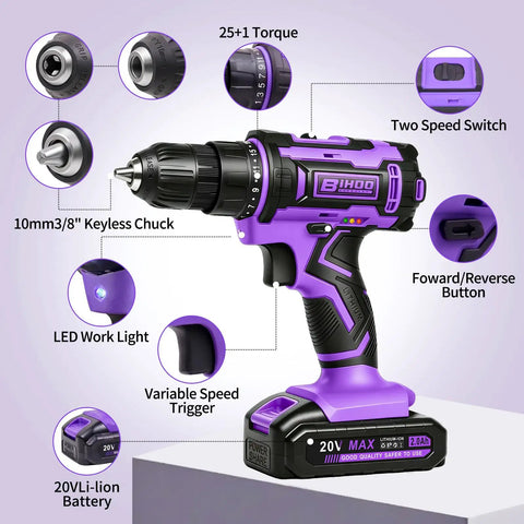 20V Cordless Drill With Fast Charging Battery And Keyless Chuck Purple showing keyless chuck and variable speed trigger features.