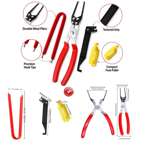 Detailed view of Four Piece Relay And Fuse Puller Set For Tight Spaces with hook tips, textured grips, and compact fuse pullers.