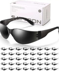 50 Pack Tinted Safety Glasses With Scratch And Impact Resistance Dark UV Protective Lenses For Construction Outdoor Work And Shooting Affordable Eyewear That Blocks Glare And Keeps Your Eyes Safe, showing boxed and unboxed glasses