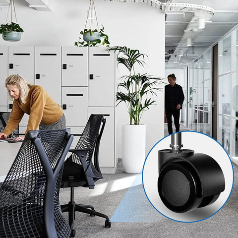 Office setting with inset showing 5 Pack Beefed Up 2 Inch Office Chair Casters Heavy Duty Wheels For Smooth Silent Rolling