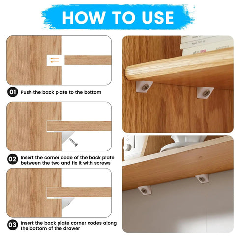 Fifty Pcs Drawer Angle Brackets With Screws Repair Kit installation guide showing step-by-step use for sagging furniture support.