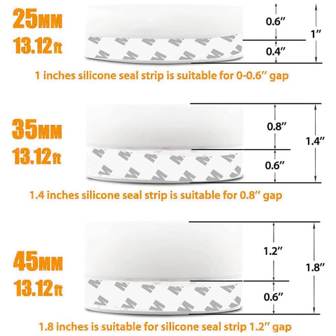 30 Ft Weather Stripping Door Seal Tape Silicone Self Adhesive Draft Stopper For Doors And Windows No More Chilly Drafts Easy Install Shower Door Bottom Seal 1.4 Inch Wide Transparent 35mm illustrated chart showing different sizes and gap suitability