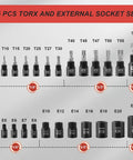 Professional Grade 25 Piece Torx Bit And Socket Set With 13 Star Bits T8 Through T60 And 12 ETorx Sockets E4 Through E22 layout
