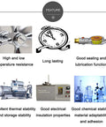EDSRDUS SG01A high-vacuum silicone grease infographic with six feature icons and lab equipment images
