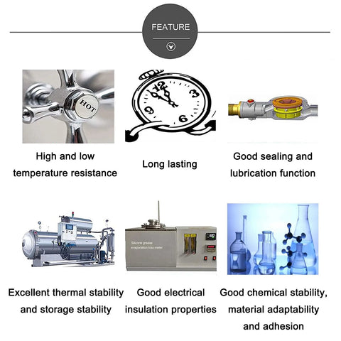 EDSRDUS SG01A high-vacuum silicone grease infographic with six feature icons and lab equipment images