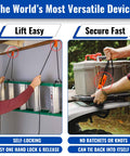 One Quarter Inch Medium Duty Tie Down System With Fifteen Foot Rope Weather Resistant 150 Lbs Working Load Jam Cleat Tension Tool For Easy Securement No More Snap Back Cords Orange Pack Of One in use for lifting and securing, showcasing one-handed operation and self-locking feature in a garage and truck setting.