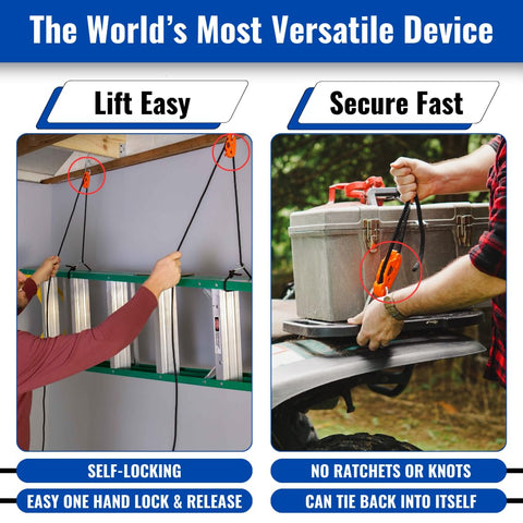 One Quarter Inch Medium Duty Tie Down System With Fifteen Foot Rope Weather Resistant 150 Lbs Working Load Jam Cleat Tension Tool For Easy Securement No More Snap Back Cords Orange Pack Of One in use for lifting and securing, showcasing one-handed operation and self-locking feature in a garage and truck setting.