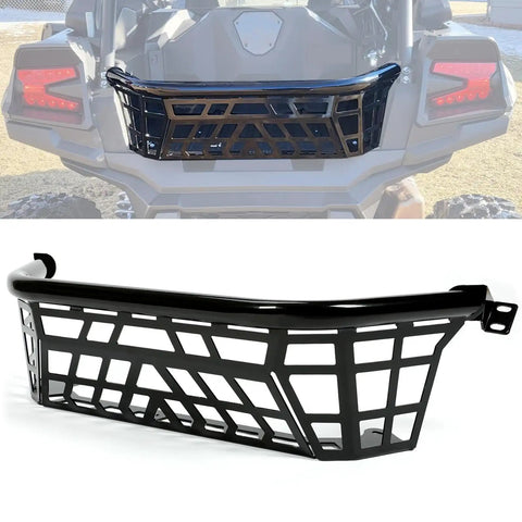 Heavy Duty Steel Cargo Barricade Tailgate Compatible With 2020 To 2025 Kawasaki Teryx KRX 1000 And 2023 To 2025 KRX4 1000 UTV black powder-coated cargo gate from side and rear angles.