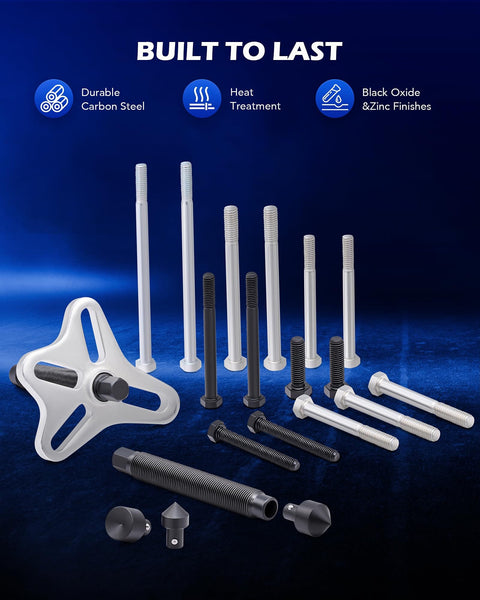Pro Grade Harmonic Balancer Puller Kit And 49-Piece Gear Puller Set with durable steel construction and various bolts displayed