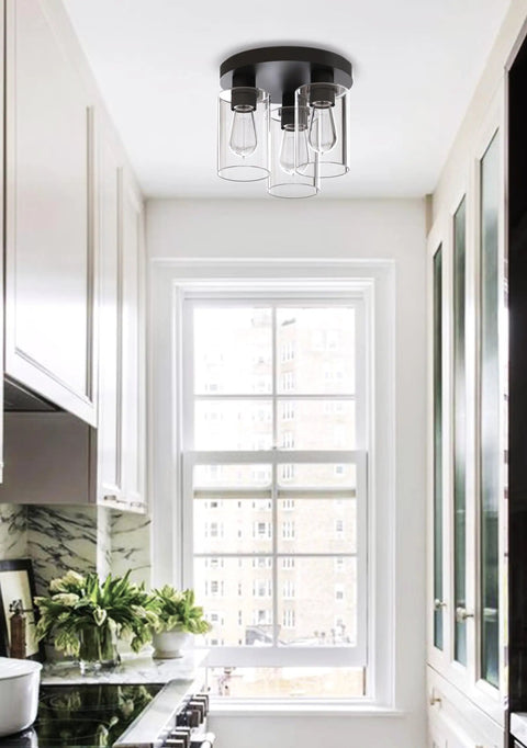 Modern Farmhouse 3 Light Flush Mount Ceiling Light Fixture With Clear Glass Shade In Dark Bronze Finish For Hallway Entryway Passway Bedroom Garage Kitchen Balcony Living Room installed in kitchen