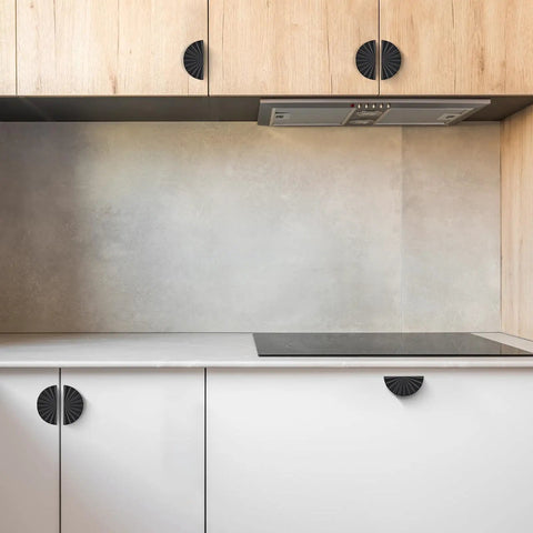 Matte Black Cabinet Pulls 3 Inch Center To Center 2 Pack for kitchen cabinets on wooden and white cabinetry.