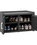 Two Tier Storage Bench Cabinet For Shoes Waterproof UV Resistant Outdoor Shoe Organizer With Two Doors And Adjustable Shelves Black