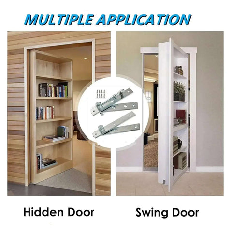 Heavy Duty Pivot Door Hinge Set showing applications on hidden bookshelf door and swing door, includes stainless steel hidden door hinges.