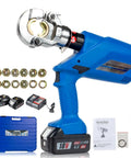 Badass 6 Ton Electric Hydraulic Crimping Pliers With 12 Universal Dies, blue handheld tool with battery and accessories.