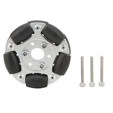 60mm aluminium alloy omnidirectional robot wheel with six black rollers and three screws