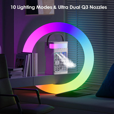 Compact Portable Personal Cooling Fan With Remote Control, Mini AC on desk with colorful lighting in a dark room