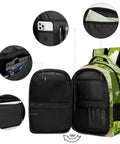 Open Green Mint Herb Printed Unisex Backpack with multiple pockets and compartments shown, sturdy zipper, large capacity design.