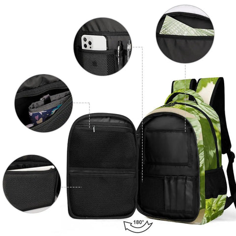 Open Green Mint Herb Printed Unisex Backpack with multiple pockets and compartments shown, sturdy zipper, large capacity design.