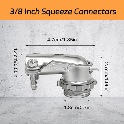 Side view of a zinc die cast 3/8 inch squeeze connector with dimensions for AC MC FMC conduit, part of Six Pack Ninety Degree Squeeze Connectors For Three Eighths Inch AC MC FMC Flex Flexible Metal Conduit Elbow Fittings Zinc Die Cast UL Listed Six Piece Set For Easy Install And Heavy Duty Reliability With Anodized Finish.