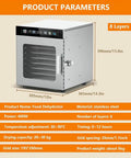 Stainless Steel Electric Food Dehydrator With Eight Sturdy Trays, 400W with dimensions 305mm x 365mm x 398mm.