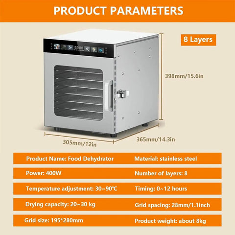 Stainless Steel Electric Food Dehydrator With Eight Sturdy Trays, 400W with dimensions 305mm x 365mm x 398mm.