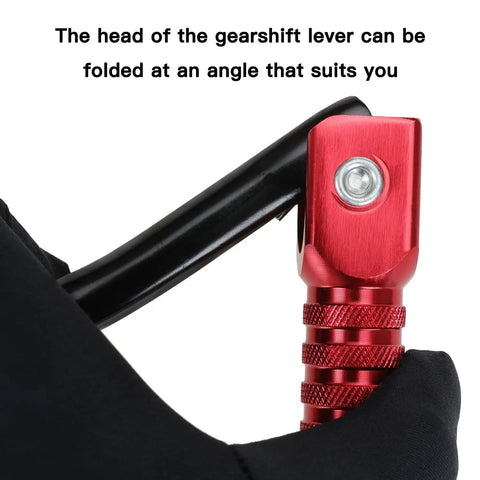 Close-up of CNC Aluminum Folding Gear Shift Lever for 50cc to 160cc Pit Bikes, adjustable angle, red head, beefed up arm.
