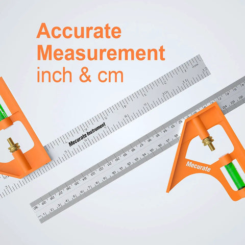 12 Inch Combination Square Kit With A Beefy Stainless Steel Blade And Zinc Cast Body, showing measurement in inches and cm.