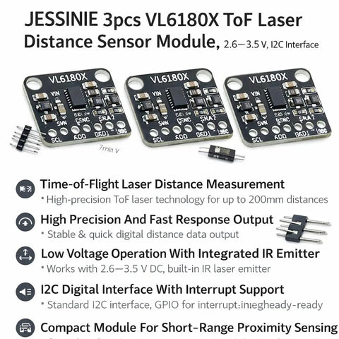Three VL6180X ToF Laser Distance Sensor Modules With I2C Interface 2.6 to 3.5 V Power Short Range Proximity And Absolute Distance Up To 200 Mm Great For Robotics Makers And Hobby Electronics Nerds, three black PCB modules