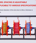 Heavy Duty Folding Cable Rack On Wheels With Rolled Steel Wire Dispenser For Electrical Storage In Industrial And Retail Settings A Real Workhorse Four Spool Organizer Solution Easy Roll And Quick Slide In Out showing adjustable wheel spacing and wire spools.
