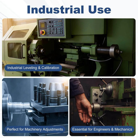 Industrial use images showing machinery for leveling, calibration, and adjustments, emphasizing applications in engineering and mechanics.