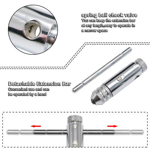 Ratchet T Handle Tap Wrench and 5 Metric Taps M3 M4 M5 M6 M8 Handy Two Way Adjustable Tapping Tool Kit for Home Workshop