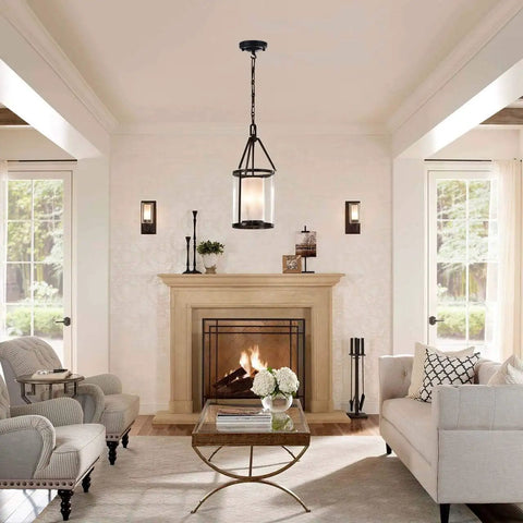 Living room with Upgraded 4.1 Inch Iron Ceiling Canopy Kit for Pendant Lights and Chandeliers installed, black vintage ceiling plate.
