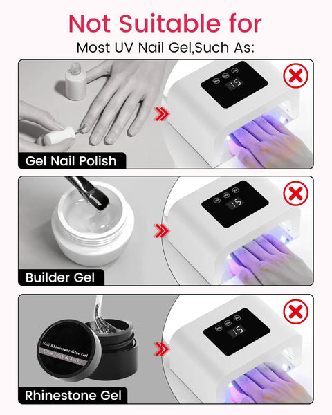 Image showing gel polishes not suitable for UV lamp: Gel Nail Polish, Builder Gel, Rhinestone Gel with a negative sign.