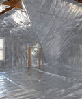 Heavy Duty Reflective Foam Insulation Heat Shield 24 Foot By 100 Foot Roll Built To Last Lightweight Closed Cell Core Wrapped In Metalized Aluminum Polyester Film Reflects 97 Percent Of Radiant Heat Will Not Tear Or Compress Ideal For Attics Basements installed in attic space